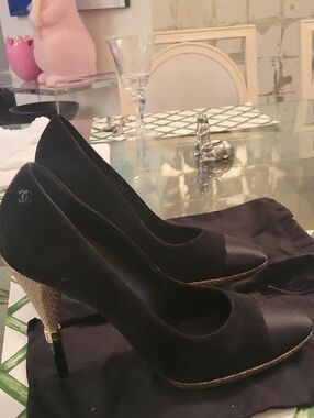 CHANEL Black Suede and Satin Pointed-Toe Heels with Braided Gold Trim